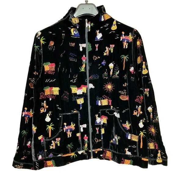 Vintage Chico’s Embroidered Velvet Jacket Women’s Size L Silk Blend Full Zip - Picture 1 of 9